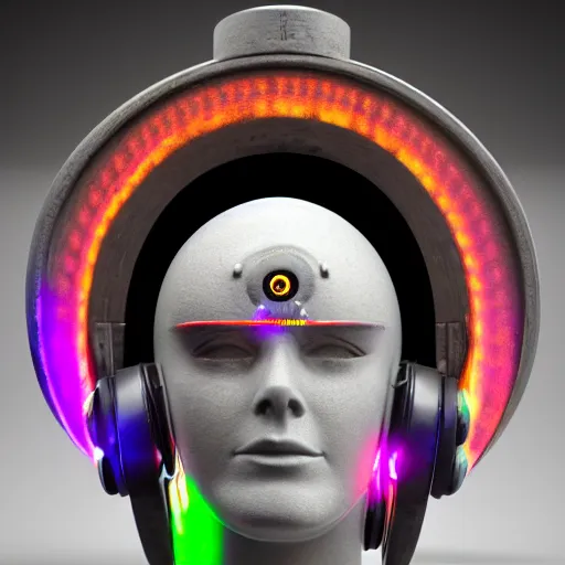 Image similar to a claymodel of a dieselpunk aztec futuristic robot head wearing an emotiv eeg - headset, 8 k, front shot, symetrical, flourescent colors, halluzinogenic, multicolored, insanely detailed, front shot, bust shot, 3 d render, octane