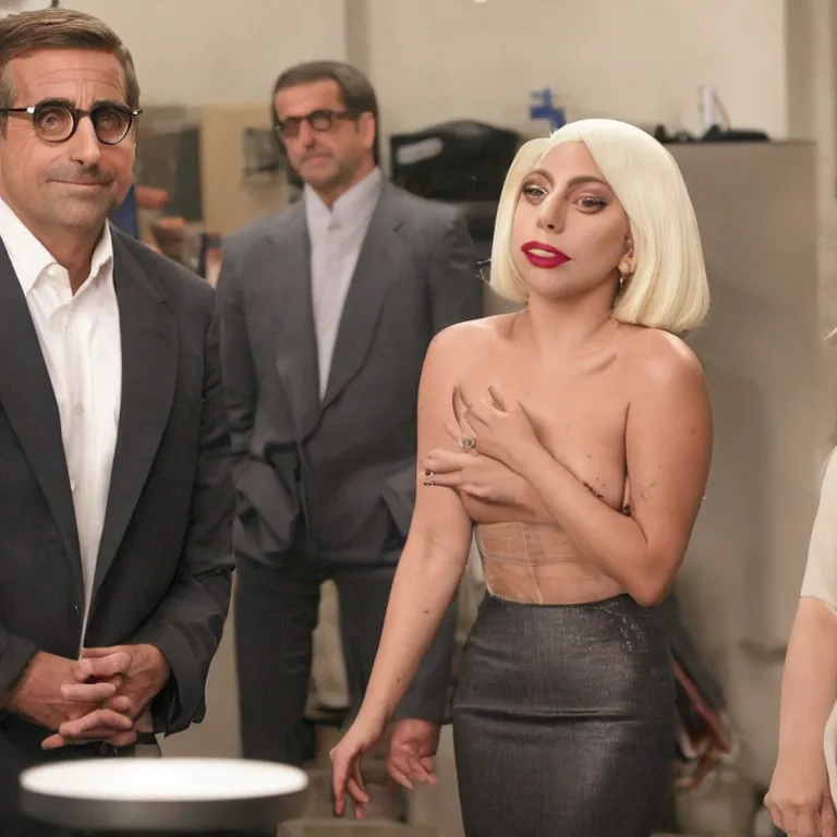 Prompt: confused lady gaga looking at the camera while steve carell smiles behind her, from the office ( 2 0 0 5 ), detailed background, uhd, low light, cinematic, realistic, clear face, clear eyes.