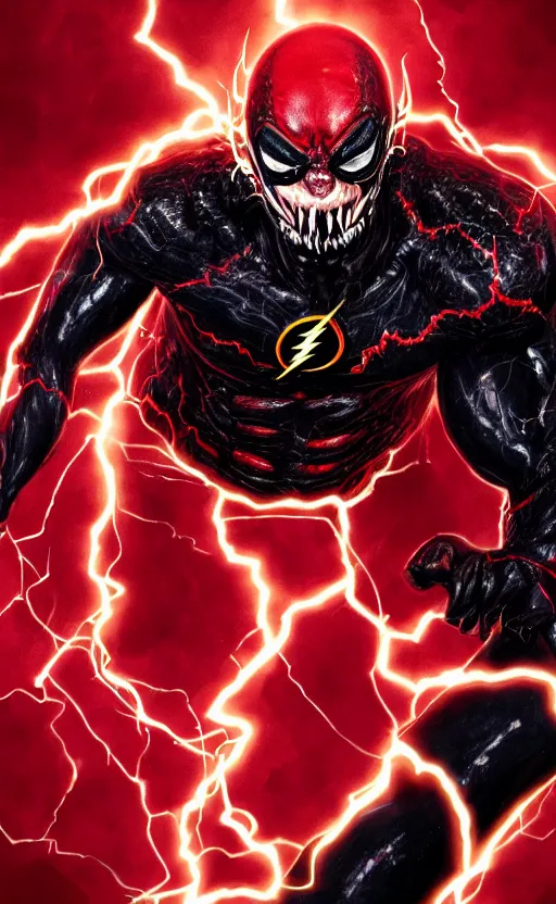 Image similar to full body portrait of venom as the flash, black and red, dynamic lighting, cinematic, ultra detailed, trending on art station, stunning visuals, creative, fantasy concept art