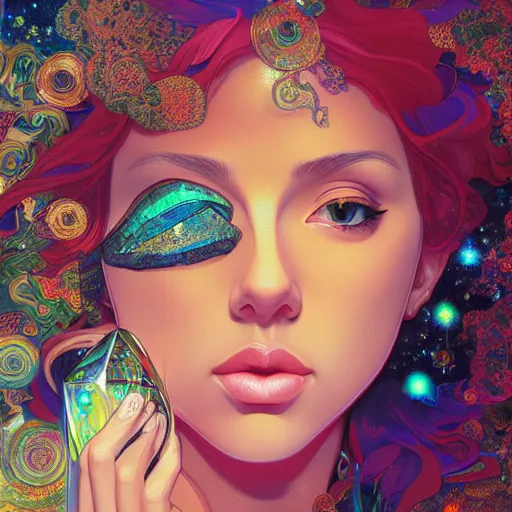 Image similar to psychedelic, intricate, highly detailed, anime, 4k, beautiful Scarlett Johansson as a seductive woman holding a crystal containing the universe, with professional makeup, long trippy hair, surrounded by gems, underneath the stars, trending on patreon, deviantart, twitter, artstation, volumetric lighting, heavy contrast, by artgerm and Ilya Kuvshinov and alphonse mucha