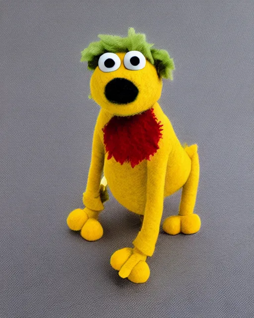 Image similar to jake the dog as a muppet. highly detailed felt. hyper real photo. 4 k.