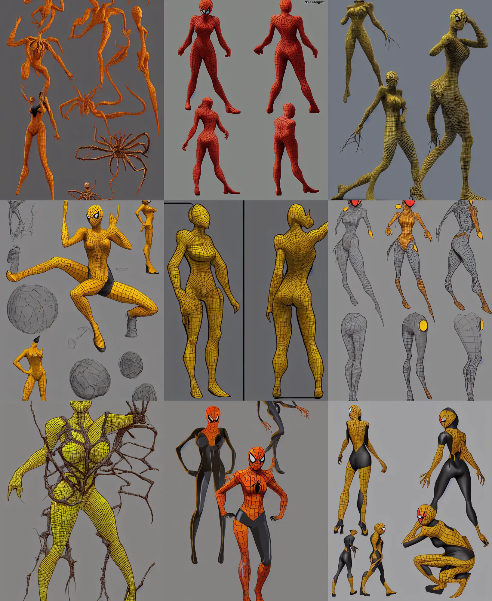 Prompt: 3 d model full body character turnaround of a woman in an orb weaver spider inspired costume standing in a rock quarry, character sheet, matte painting, spiderman!!, spiderwoman!!, john singer sargent, good value control, highly detailed portrait, character turnaround, digital painting, concept art, sharp focus, smooth, illustration, yellow and black color scheme,