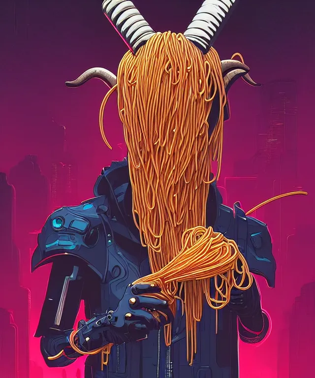 Image similar to a portrait of an anthropomorphic cyberpunk goat eating spaghetti, cyberpunk!, fantasy, elegant, digital painting, artstation, concept art, matte, sharp focus, illustration, art by josan gonzalez