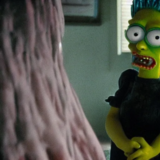 Prompt: b - grade horror film budget production a very strange creature made of cronenberg simpsons