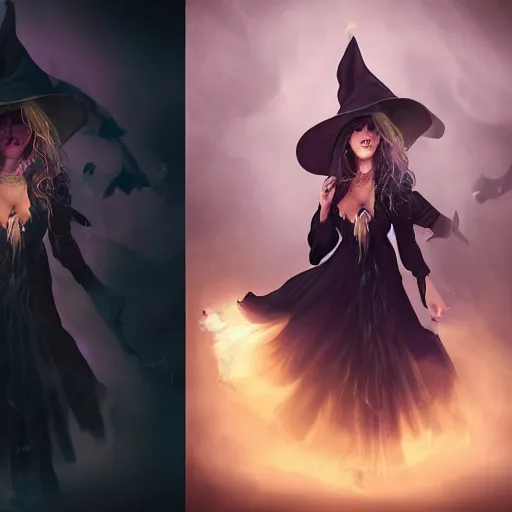 Prompt: portrait of a beautiful witch in an smoky alchemy lab, long purple hair, tightly fitting black ornate dress and black witch hat, in the style of peter mohrbacher, artgerm, dramatic lighting and composition, octane render