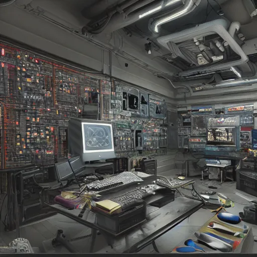 Prompt: a hackers cave with many computers and piles of modular synth cables, by cameron gray, wlop, stanley kubrick, masamune, hideki anno, unique perspective, trending on artstation, 3 d render, smooth render