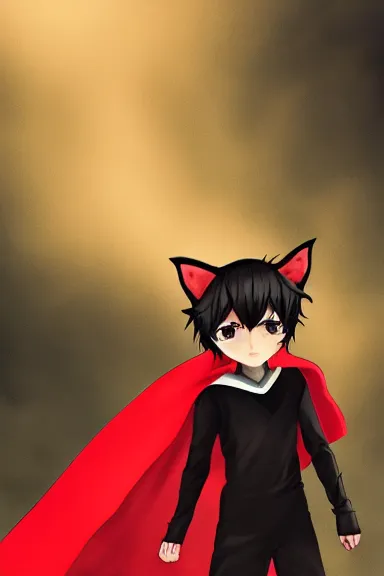 Prompt: little boy with cat ears in an big black outfit with red cape. digital artwork made by lois van baarle and kentaro miura, sharpness focus, inspired by hirohiko araki, anatomically correct, heroic composition, hero pose, smooth, noir