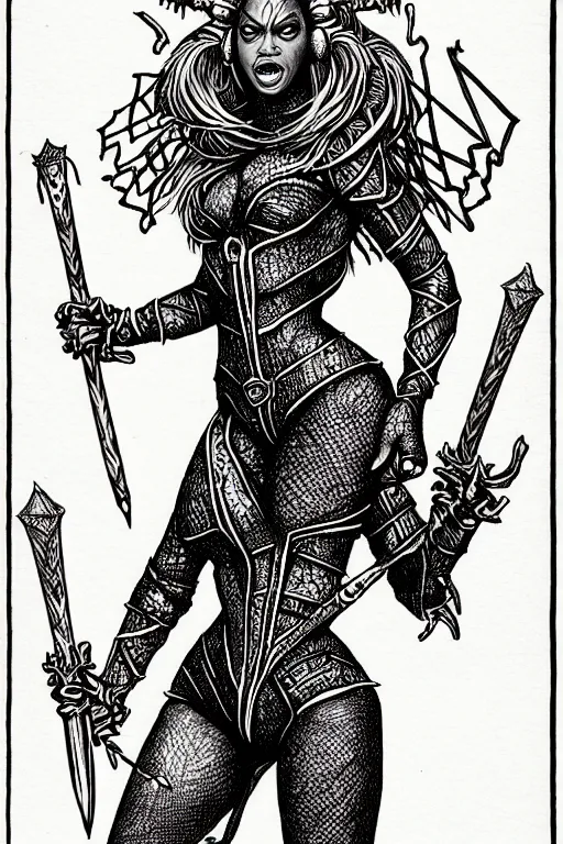 Prompt: beyonce, queen bee, as a d & d monster, full body, pen - and - ink illustration, etching, by russ nicholson, david a trampier, larry elmore, 1 9 8 1, hq scan, intricate details, inside stylized border