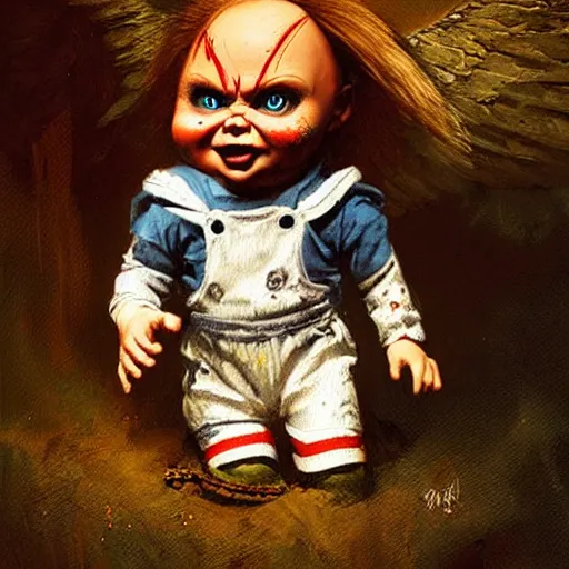 Image similar to the doll chucky as an angel described in the bible, oil painting, by greg rutkowski