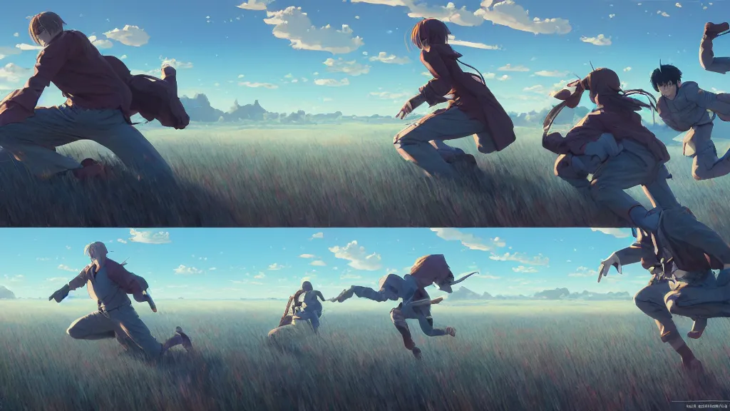 Image similar to highly detailed comic spread combination of art styles depicting an impactful action scene on open meadow clear sky at noon with expert design fictional characters, dynamic art by sakimi, bright colors, moebius, makoto shinkai, murata, james jean, craig mullins, digital painting, masterpiece, best selling, pixiv, volumetric lighting, realistic shaded lighting, 8 k