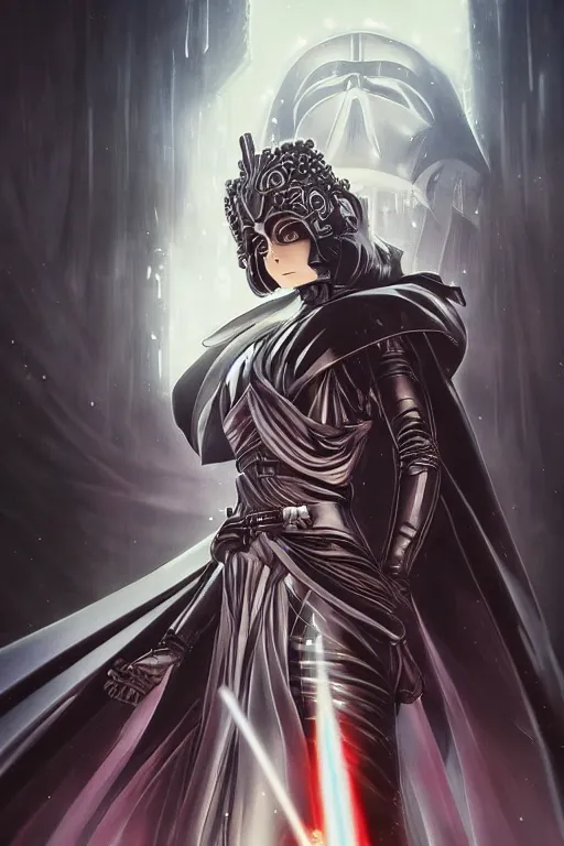 Image similar to anime key visual of a female darth vader goddess!!, intricate, stunning, highly detailed, digital painting, artstation, smooth, hard focus, starwars, sith, dark side, villain, the force, lucas films, illustration, art by artgerm and greg rutkowski and alphonse mucha