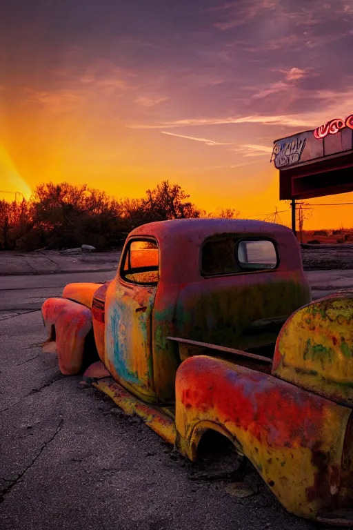 Image similar to a sunset light landscape with historical route 6 6, lots of sparkling details and sun ray ’ s, blinding backlight, smoke, volumetric lighting, colorful, octane, 3 5 mm, abandoned gas station, old rusty pickup - truck, beautiful epic colored reflections, very colorful heavenly, softlight