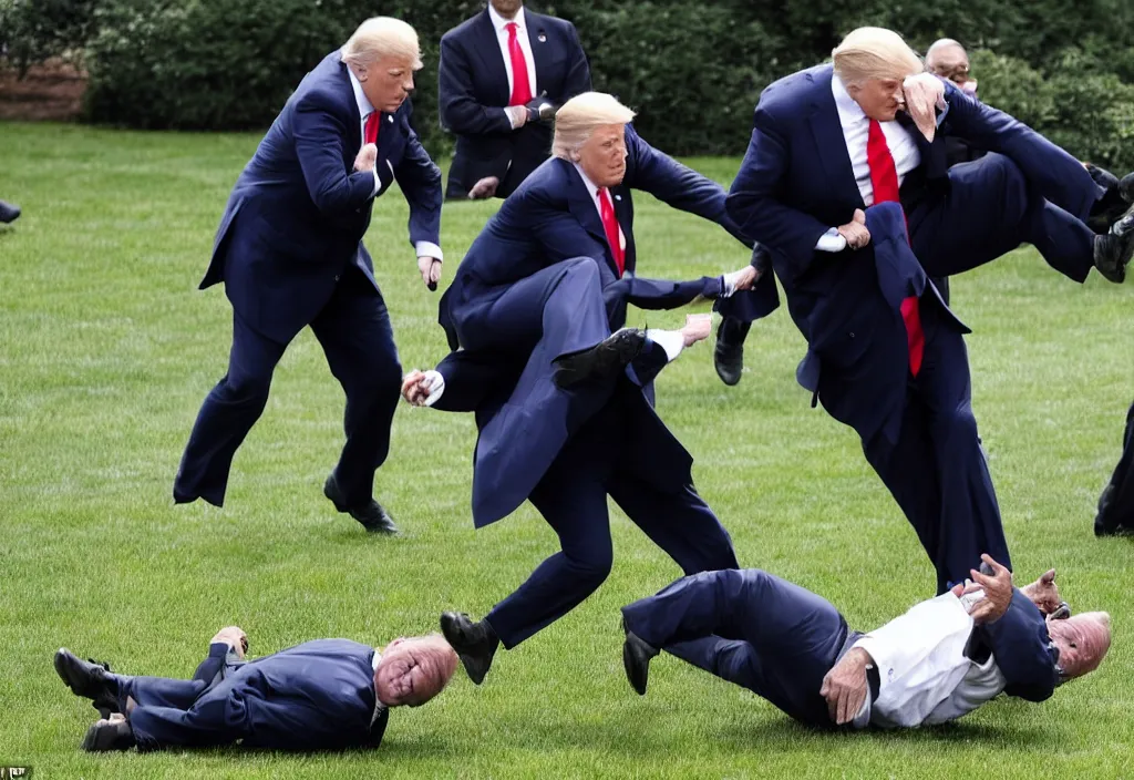 Image similar to joe biden gets tackled by donald trump in front of the white house on the lawn