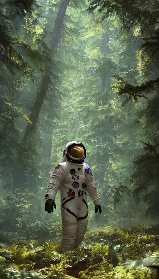 Image similar to american astronaut in the forest plants environment wide angle cinematic lighting atmospheric realistic octane render highly detailed, octane render, in the style of craig mullins