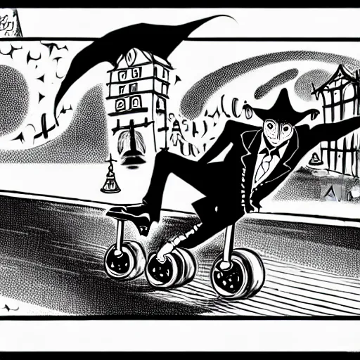 Image similar to black and white trippy comic art depiction of dracula the vampire wearing a suit and roller skating on prominently featured roller skates, zooming down the street with action lines flying past him, drawn by martin rowson, tim burton, alex pardee, nekro petros afshar, cgsociety, awesome, cool, detailed, 4 k