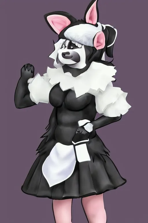 Image similar to a skunk fursona wearing a maid outfit, highly detailed, digital art, trending on artstation, furry art