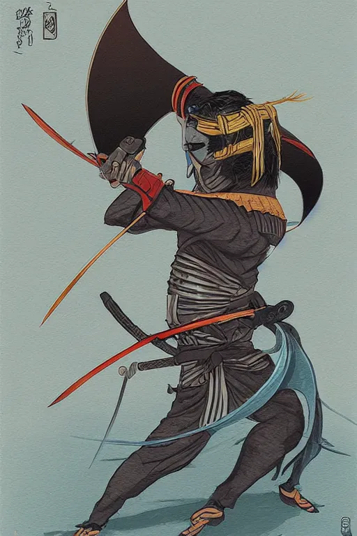 Image similar to the wave - dancing samurai katana duelist, art by matt fox, trending on artstation, moon light product view traditional art, fantastic planet, character design, fantasy artist, scuola romana