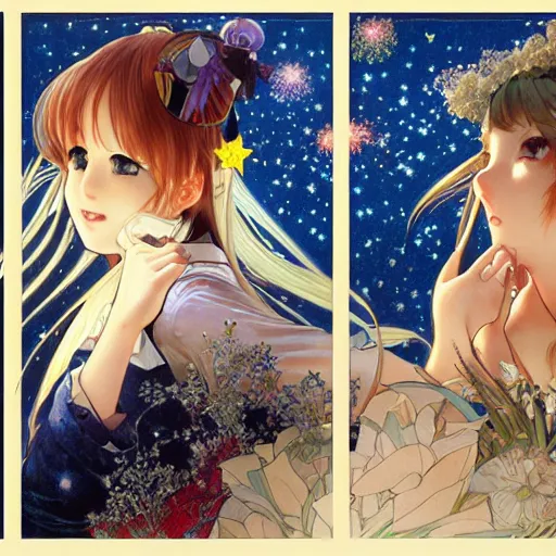 Image similar to two beautiful girls watching fireworks, digital art, by range murata, akiyuki shinbou, alphonse mucha, masamune shirow, josan gonzales, highly detailed, realistic, cinematic, trending on pixiv fanbox