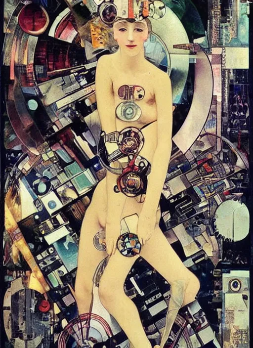 Image similar to cute punk goth fashion fractal tattoed mecha blonde girl wearing a television tube helmet and kimono made of circuits and leds, surreal Dada collage by Man Ray Kurt Schwitters Hannah Höch Alphonse Mucha Beeple