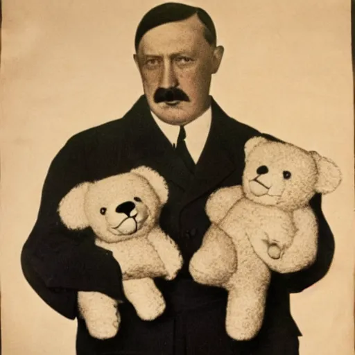 Image similar to hitler holding a teddy bear, propaganda poster