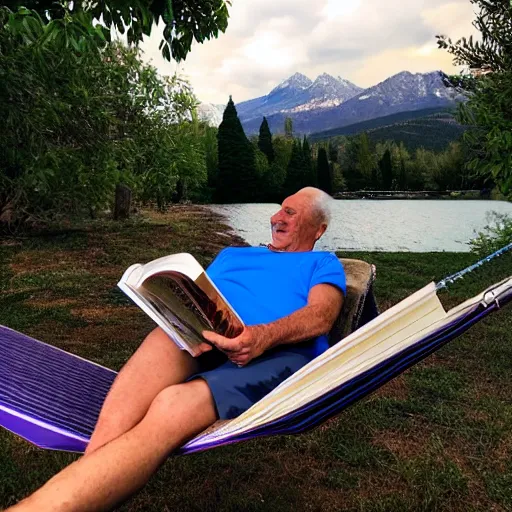 Prompt: my older italian wise friend on a hammock, reading the book about love, face iluminated by new knowledge, mountains in a background