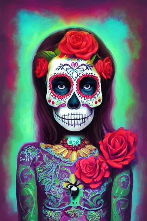 Image similar to illustration of a sugar skull day of the dead girl, art by rhads