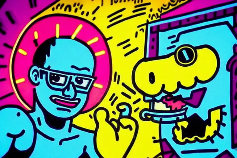 Prompt: someone taking a selfie smiling during the apocalypse, bright neon colors, intricate details, complementary colors, detailed face, backlighting, octane render, depth of field, extremely detailed, trending in artstation, focus on face, sharp focus, radiant light, beautiful composition, drawn by roy lichtenstein, keith haring, romero britto