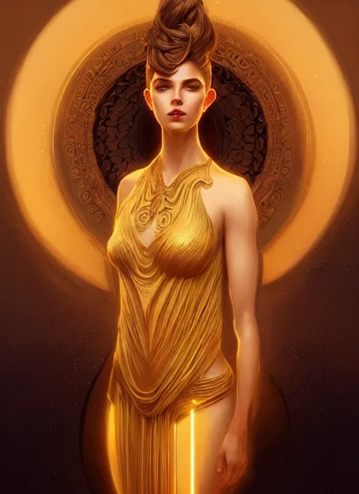 Image similar to a beautiful cinematic female sand goddess, golden dress, glow golden tatto, galatic shamen with Quantum energy fantasy, fantasy magic, undercut hairstyle, dark light night, intricate, elegant, sharp focus, illustration, highly detailed, digital painting, concept art, matte, art by WLOP and Artgerm and Greg Rutkowski and Alphonse Mucha, masterpiece