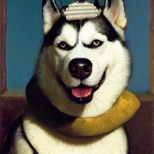 Image similar to A husky dog with a pearl earring by Johannes Vermeer