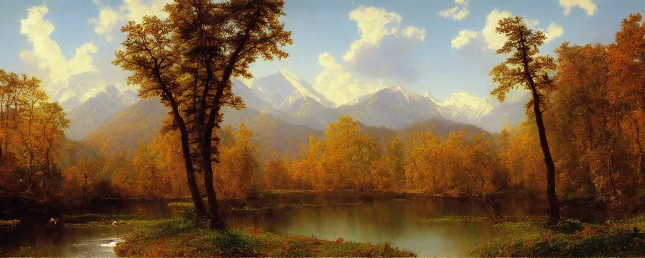 Prompt: beautiful forest scenery, distant mountains, river flowing through the verdant underbrush, distant clouds, cloud shadow, late autumn, first snow, painting by albert bierstadt and thomas cole