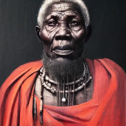 Image similar to a painting of a wise elder from Kenya by Leonardo da Vinci . dramatic angle, ethereal lights, details, smooth, sharp focus, illustration, realistic, cinematic, artstation, award winning, rgb , unreal engine, octane render, cinematic light, macro, depth of field, blur, red light and clouds from the back, highly detailed epic cinematic concept art CG render made in Maya, Blender and Photoshop, octane render, excellent composition, dynamic dramatic cinematic lighting, aesthetic, very inspirational, arthouse.