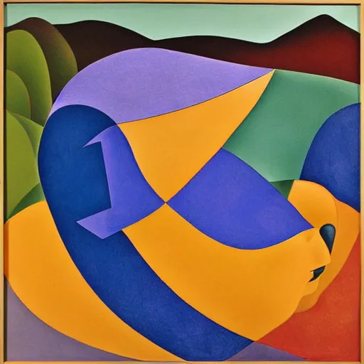 Image similar to woman as the natural landscape, her curves form the mountains and rivers of the land , high quality art in the style of cubism and georgia o’keefe,