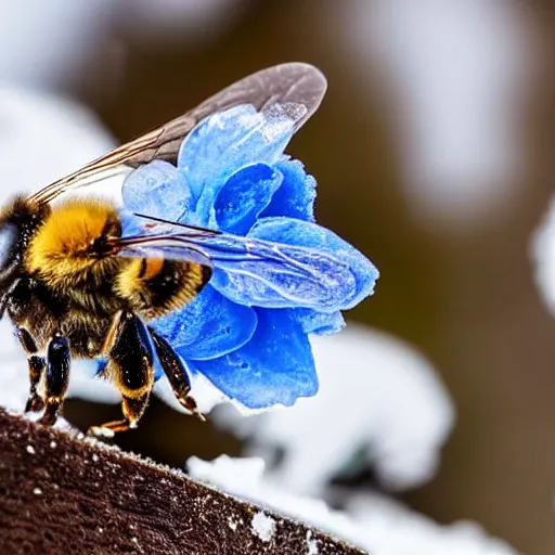 Prompt: a bee finding a beautiful blue flower, entrapped in ice, only snow in the background, beautiful macro photography, warm ambient light