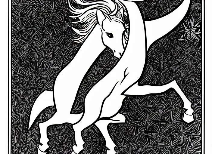 Image similar to clean simple line art of a beautiful elegant unicorn. white background. well composed, clean black and white line drawing, beautiful detailed face. illustration by steve ditko and jack kirby and alphonse mucha