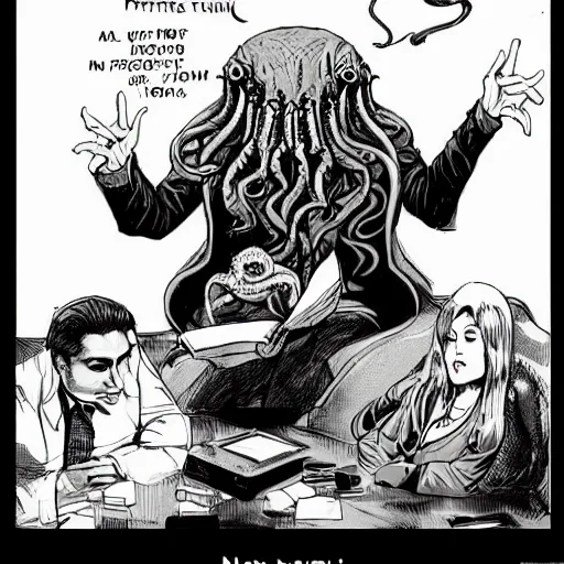 Image similar to Cthulhu as a modern day business man with a family and a drug and gambling addiction, necronomicon is the family Bible , Junji Ito and Greg rutkowski, psychedelic , 50s style infomercial , award winning , retro futuristic