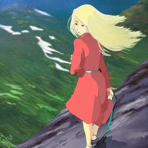 Prompt: a beautiful blond silver hair young woman walking up Mount Fuji in the style of studio ghibli