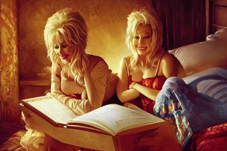 Image similar to portrait of dolly parton reading a bedtime story to jim carrey in bed, an oil painting by ross tran and thomas kincade