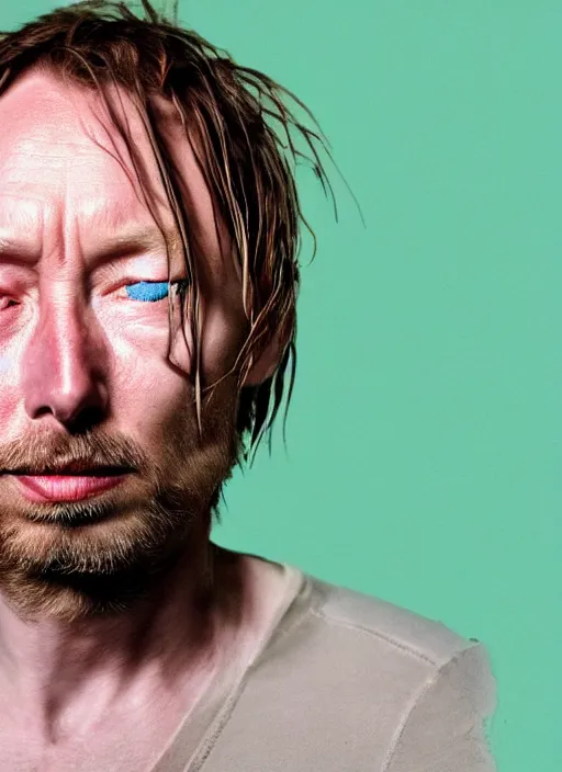 Image similar to A hyper realistic ultra realistic photograph of Thom Yorke with no eyes detailed photorealistic imagery 8k