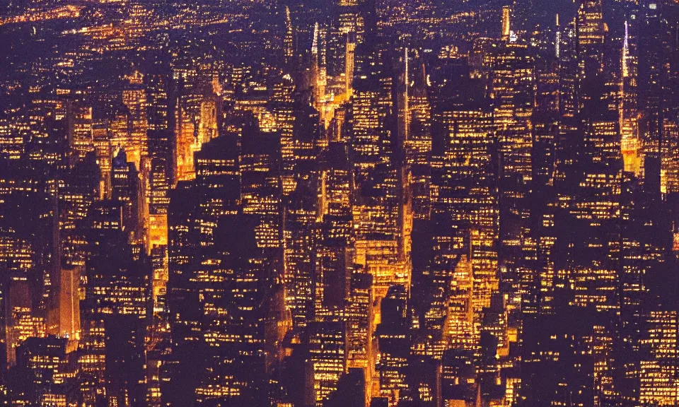 Image similar to photo of new york city at night, birdseye view, 4k, grainy, film photography