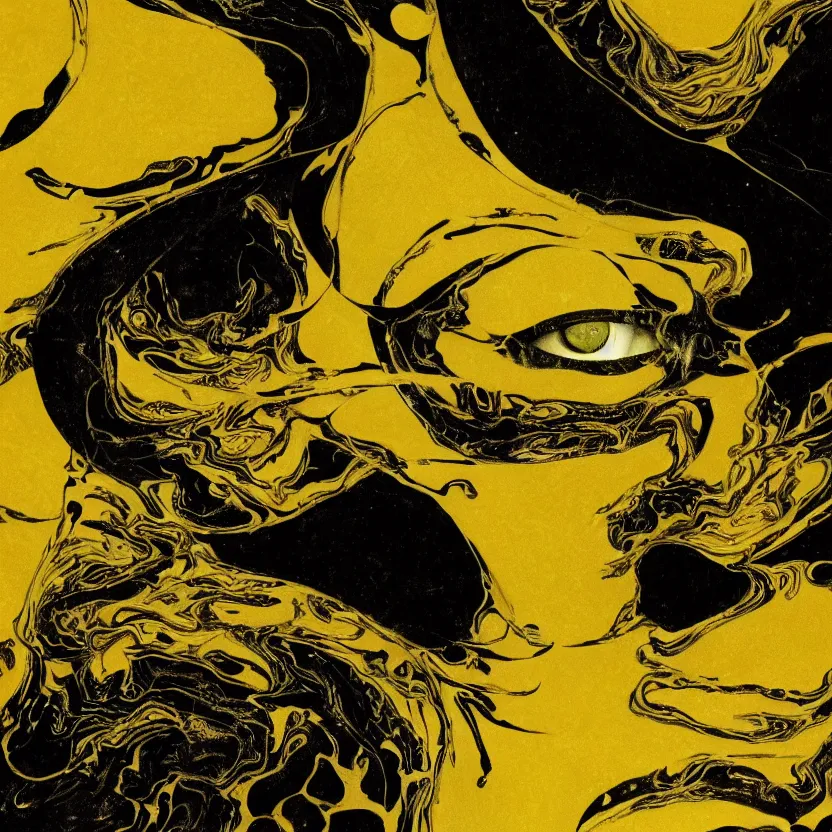 Image similar to a dark baroque close - up portrait of a yellow and black porcelain being made out of white liquid sci - fi vitrified translucent ceramic marble ; china. reflective detailed textures. gloomy black background. highly detailed fantasy science fiction painting by moebius, norman rockwell, frank frazetta, and syd mead. rich colors, high contrast. artstation