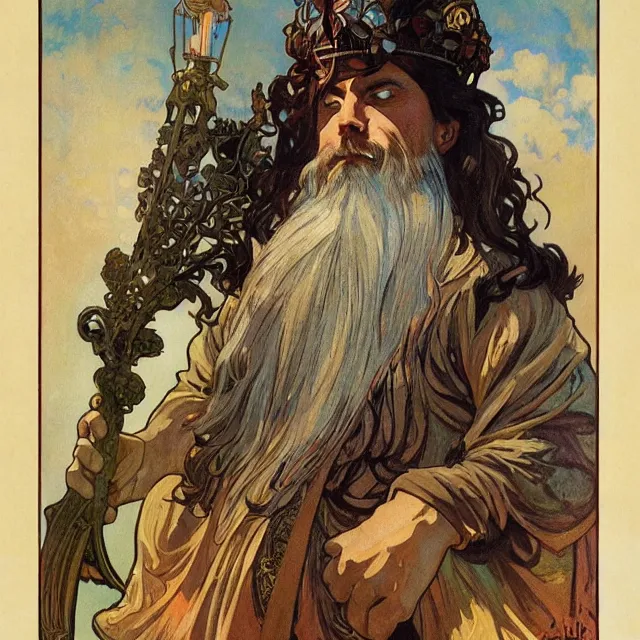 Prompt: an aesthetic! a detailed portrait of a man in a long beard, with a crown, holding a lantern by frank frazetta and alphonse mucha, oil on canvas, art nouveau dungeons and dragons fantasy art, hd, god rays, ray tracing, crisp contour lines, huhd