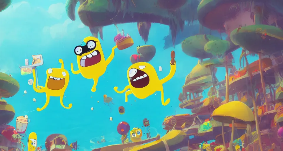 Image similar to cartoon bananas swimming in ice cream, in the style of adventure time, the amazing world of gumball, pixar, toki doki, greg rutkowski and makoto shinkai, trending on artstation