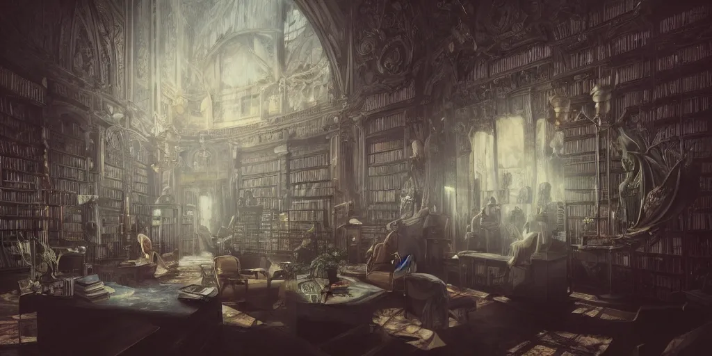 Prompt: an open book with a library visible in the background, spell coming out of the open book, trending on Artstation, volumetric light, lightrays, smoke, cinematic, atmospheric, octane render, insanely detailed and intricate, hypermaximalist, elegant, ornate, luxury, elite, by James Jean, by Brian Froud, hyper realistic, super detailed, by Artstation