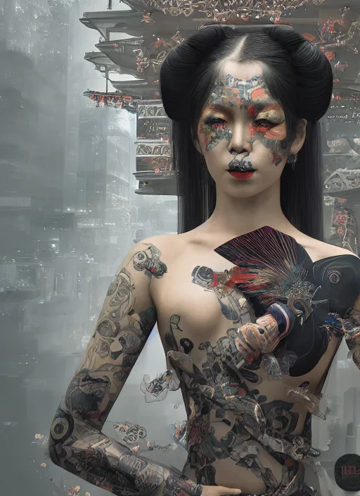 Prompt: portrait of a seductive cyberpunk geisha yakuza, imari, modern fine art, fractal, in the style of bladerunner, intricate ornaments, elegant, highly detailed, digital photography, subsurface scattering, by mc escher and greg rutkowski,