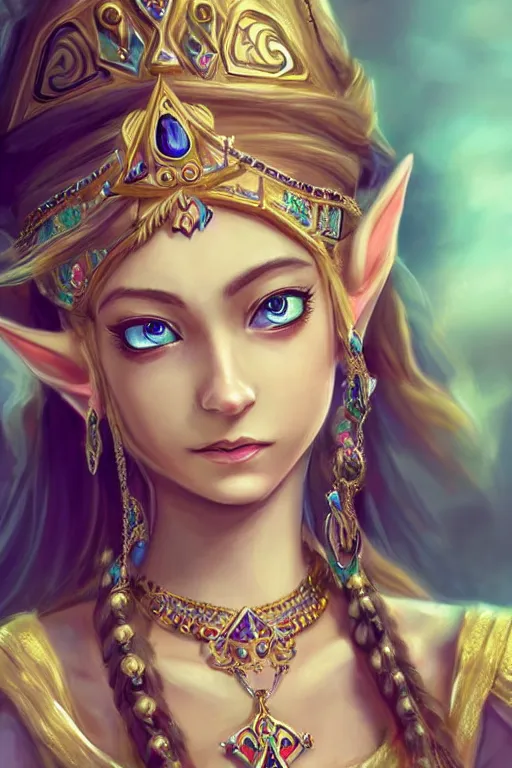 Image similar to beautiful very detailed portrait of a zelda princess with lots of jewelry in the face, full body, in the background there is a minimalistic palace, digital art , dramatic cinematic lighting rendered by octane, 8k, detailed, intricate, clean and textures, trending on artstation, treanding on deviantart, trending on cgsociety, pinterest, by Lauren Brevner + yasutomo oka