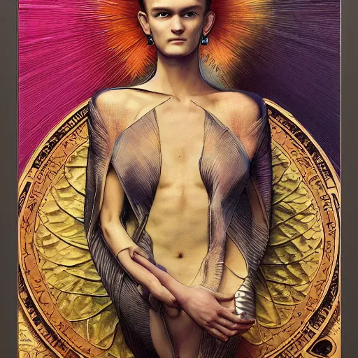 Image similar to vitalik buterin, artgerm, very detailed, art contest winner on behance, trendy on deviant art, by artgem, greg rutkowski and laura sava and alphonse mucha