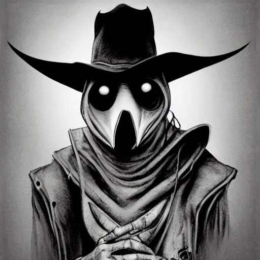 Image similar to a portrait of a plague doctor gunslinger, dark fantasy, horror, western, hell, ultrafine detailed pencil art on paper by frank frazetta and vito acconci and and takeshi obata, death note style, symetric body, cgsociety, sharp focus, detailed face