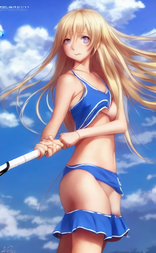 Image similar to a very beautiful young anime tennis girl, full body, long wavy blond hair, sky blue eyes, ( ( ( full round face ) ) ), short smile, bikini, miniskirt, front view, mid - shot, highly detailed, cinematic wallpaper by stanley artgerm lau