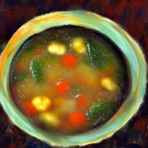 Prompt: a bowl of soup that is portal to another dimension as a digital art. in the style of henry asencio.