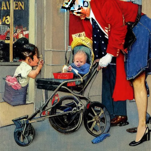 Image similar to norman rockwell style painting of donald trump taking candy from a baby in a stroller on the sidewalk of 5 th avenue in nyc